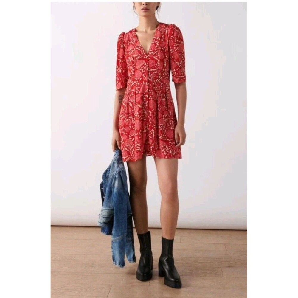 Ba&sh Pastri Mini Dress Red Floral Feminine Button Front Romantic Preppy Sz 1/S